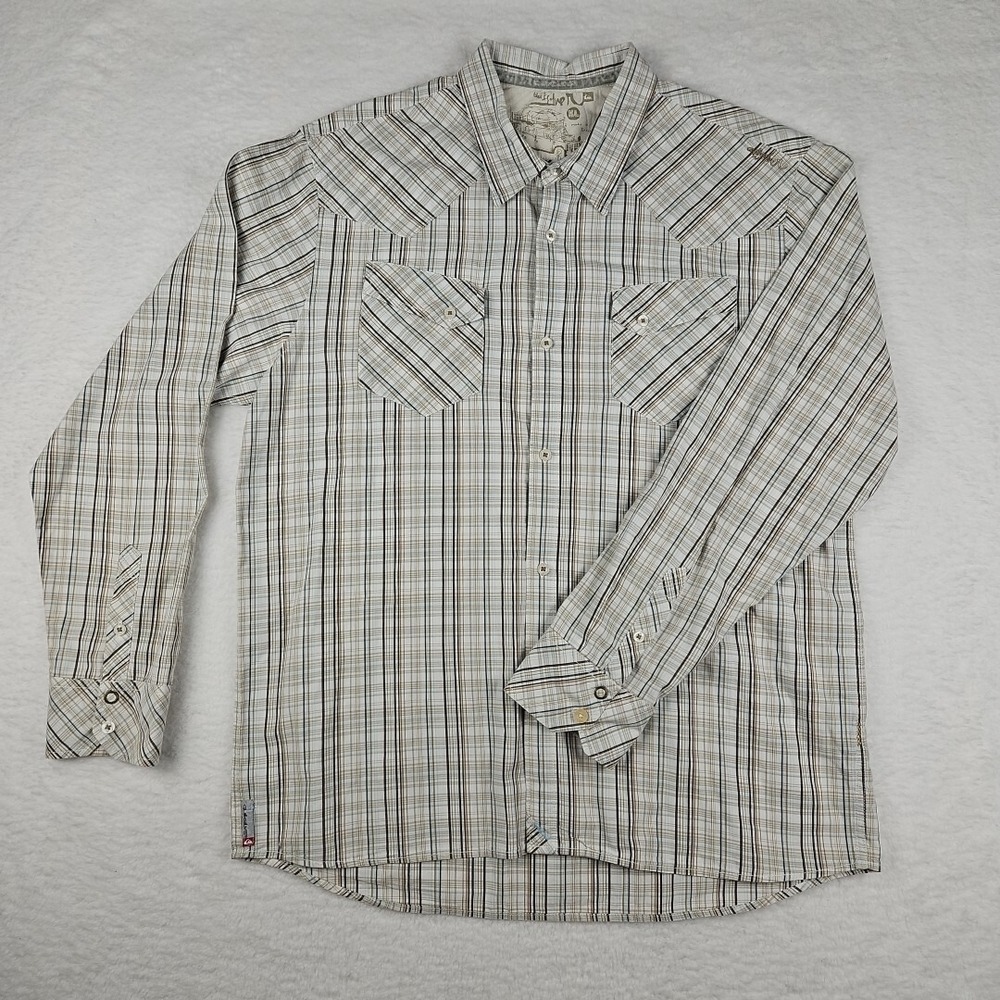 Quiksilver Men's Light Gray and Beige Plaid Button-Down Shirt